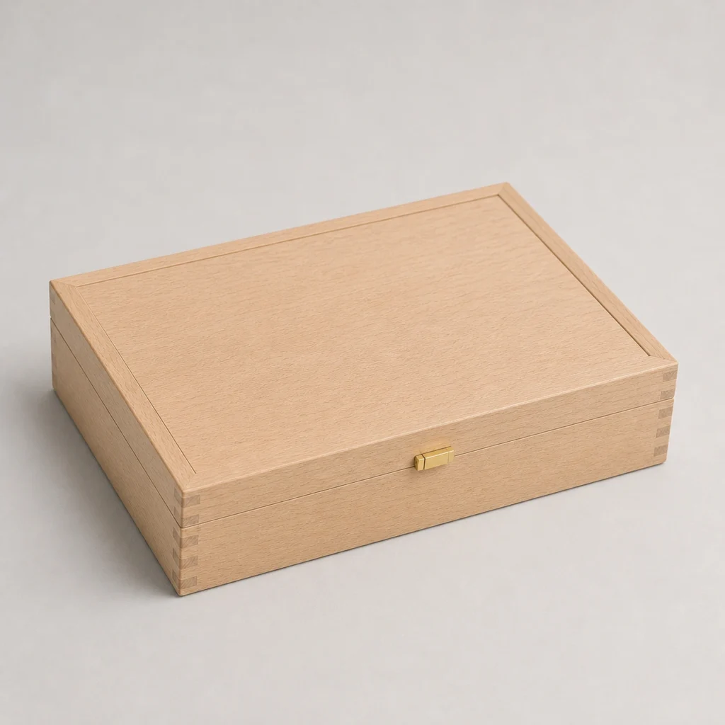 beech wood box with removable tray for macarons closed front view