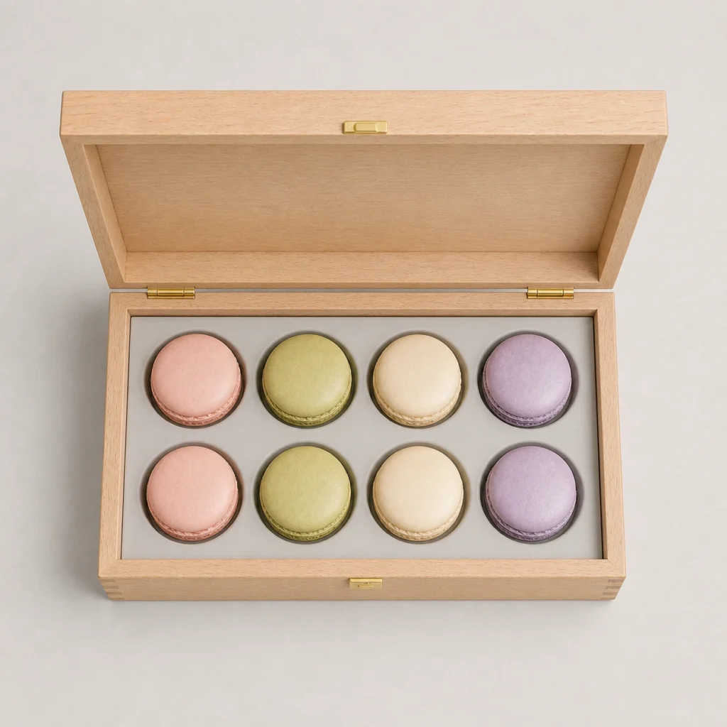 beech wood box with removable tray for macarons top down interior view