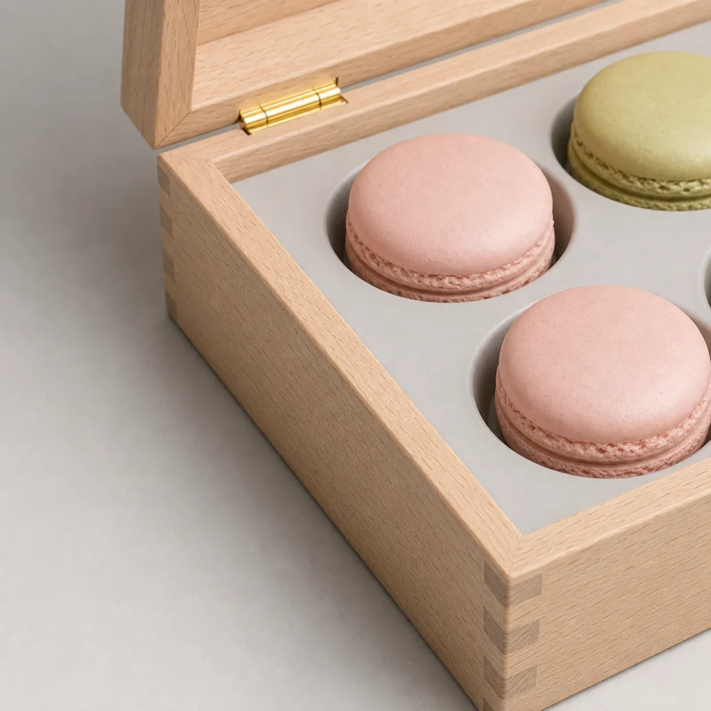 beech wood box with removable tray for macarons craft and finish detail