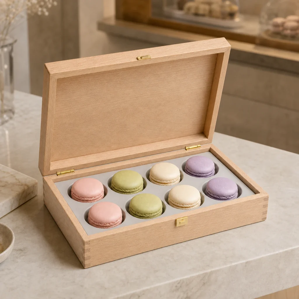 beech wood box with removable tray for macarons showroom application scene
