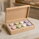 beech wood box with removable tray for macarons showroom application scene