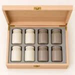 nutrition bottle presentation wooden box in beech top down interior view