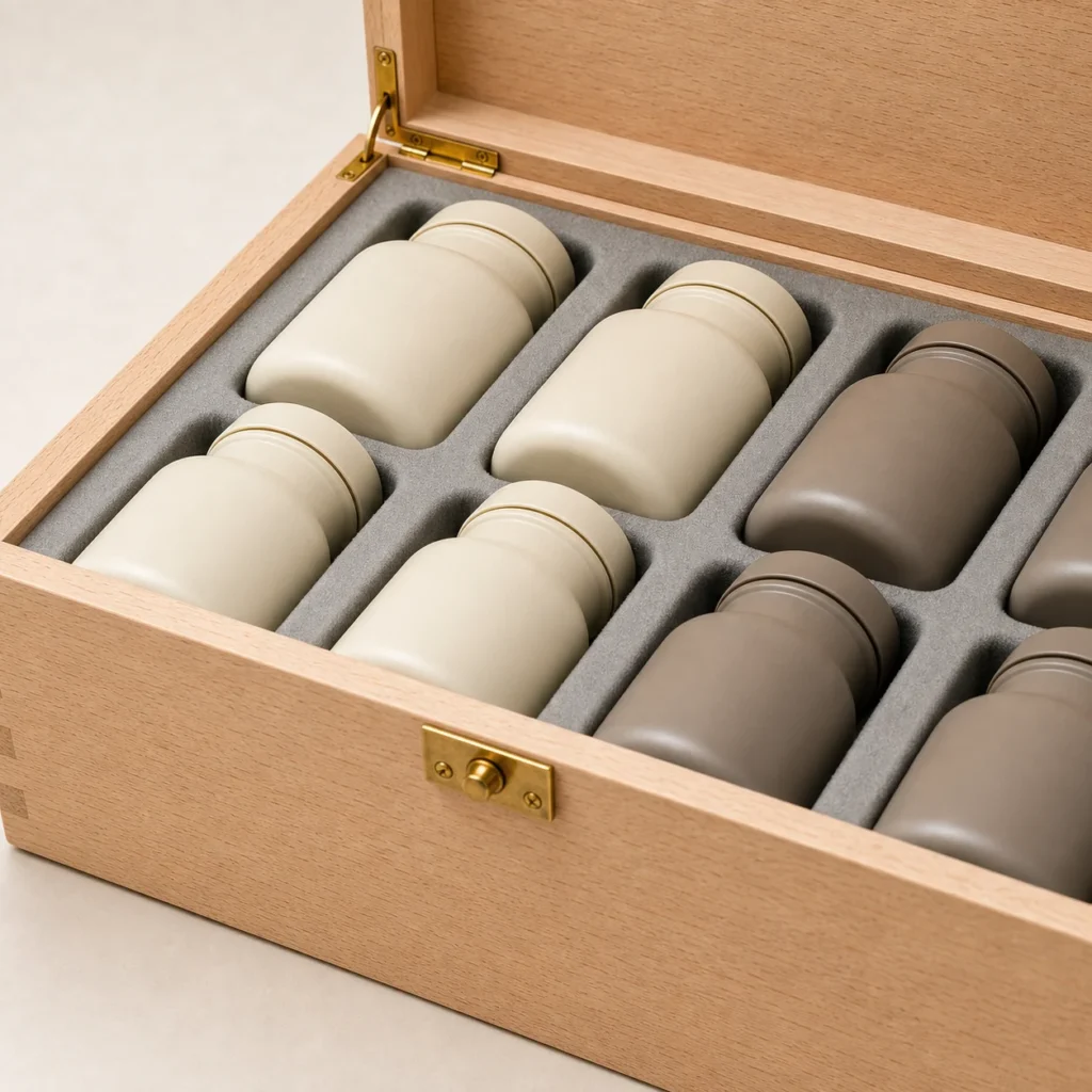 nutrition bottle presentation wooden box in beech craft and finish detail