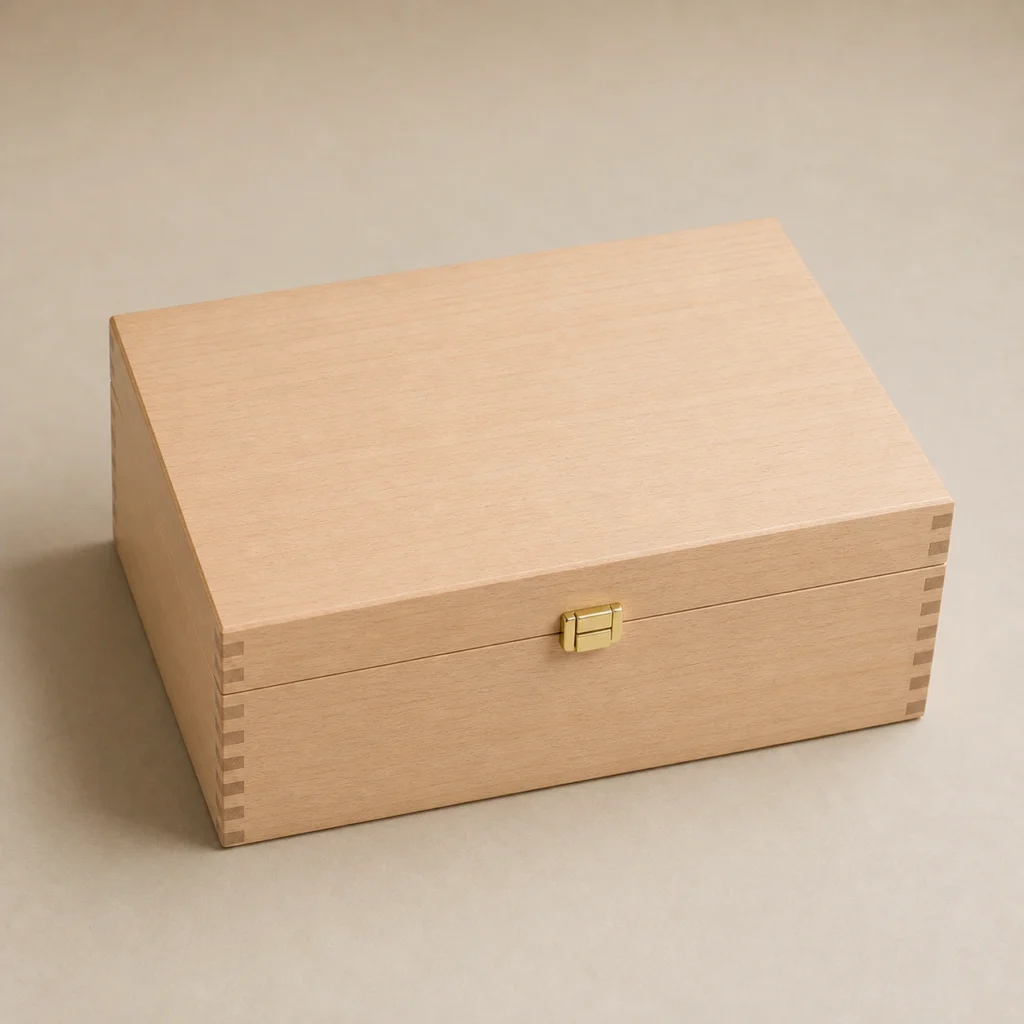 tea canister gift wood case with beech finish closed front view