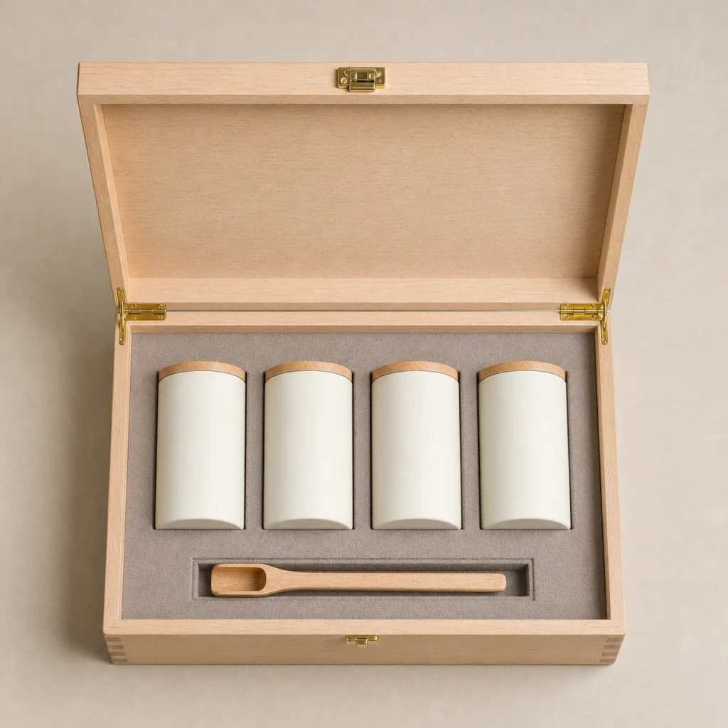 tea canister gift wood case with beech finish top down interior view