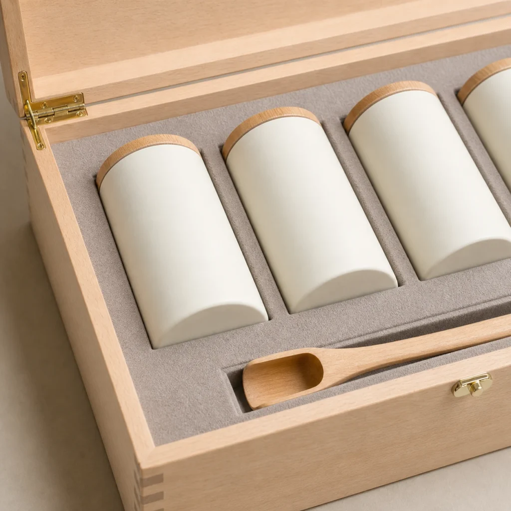 tea canister gift wood case with beech finish craft and finish detail