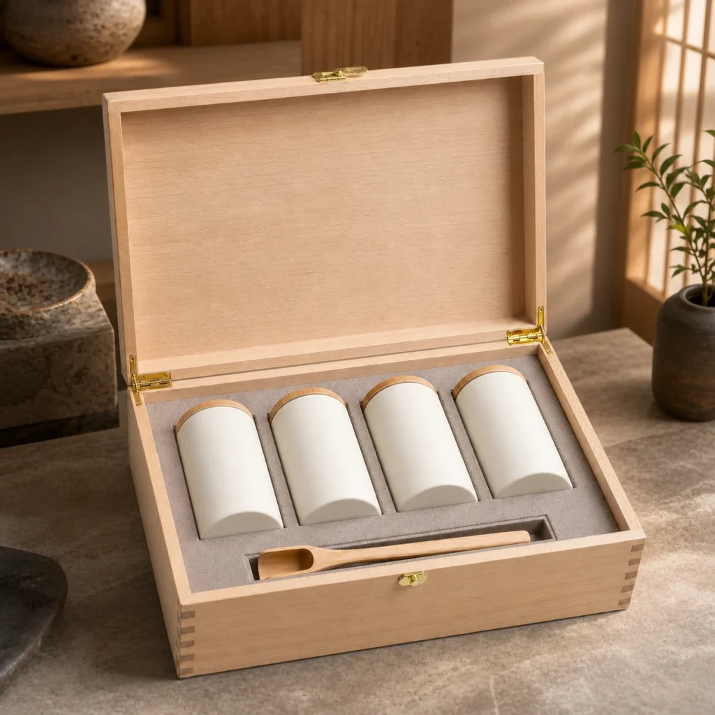 tea canister gift wood case with beech finish showroom application scene
