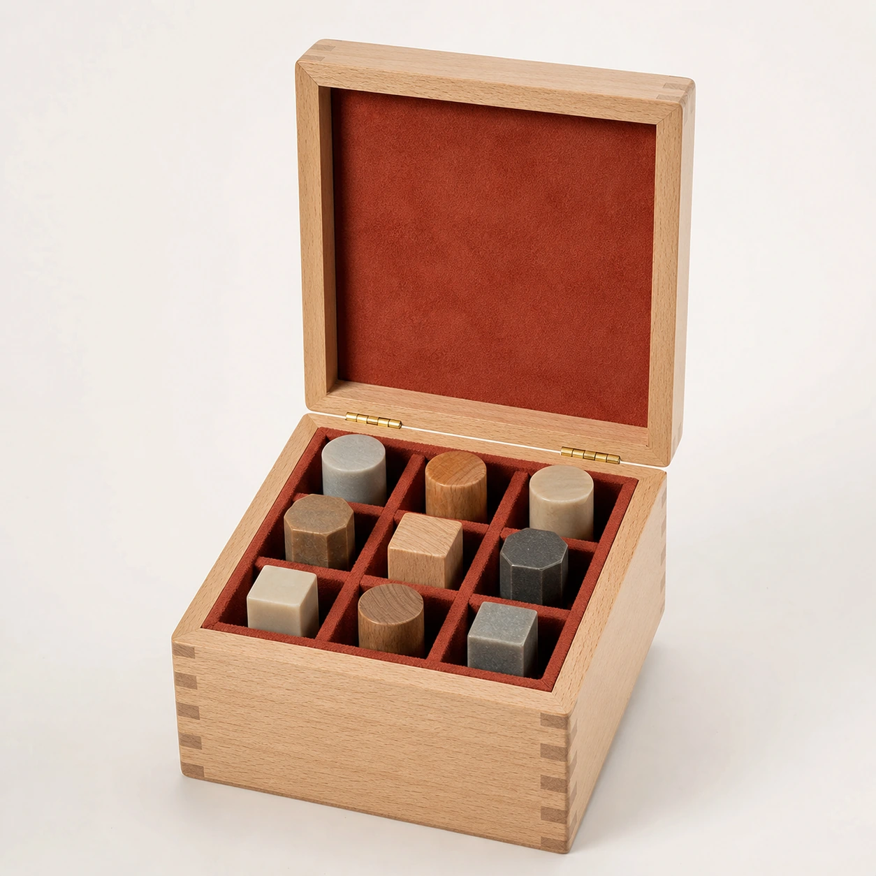 beech wood box for traditional seal stamp presentation hero open view