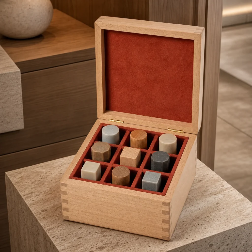 beech wood box for traditional seal stamp presentation showroom application scene