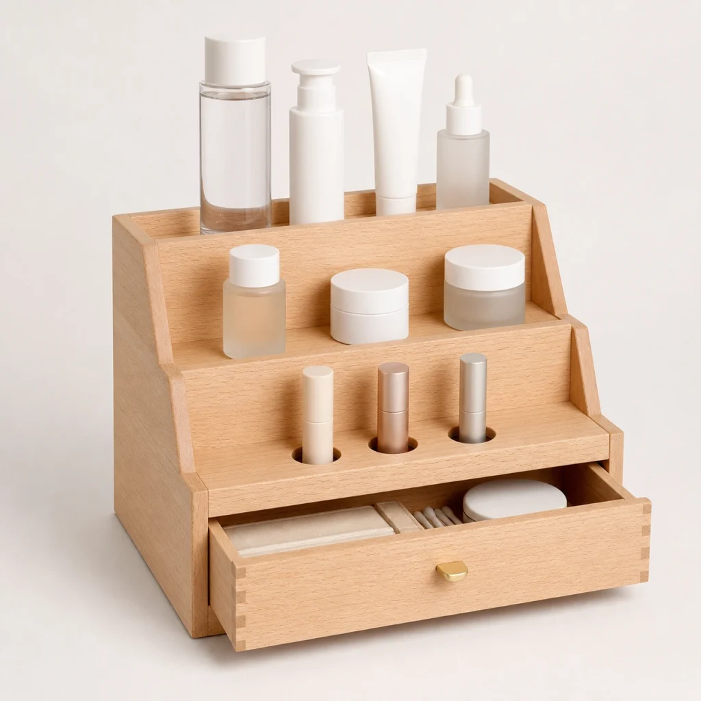 Beech Wood Box Organizer for Cosmetic Displays