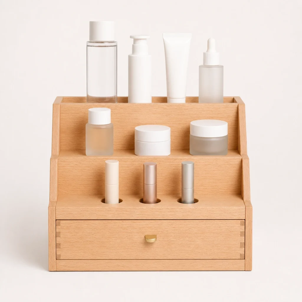 beech wood box organizer for cosmetic displays closed front view