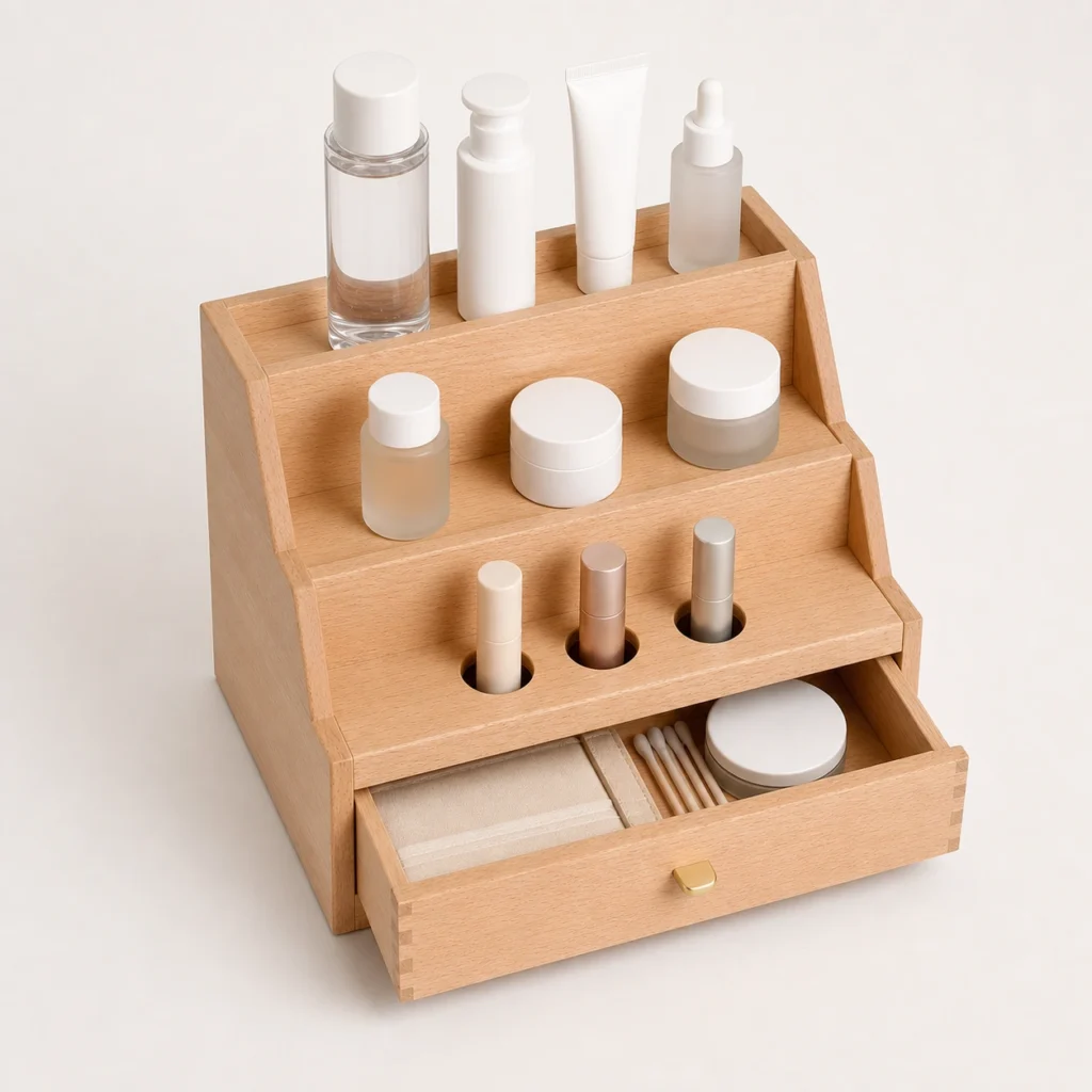 beech wood box organizer for cosmetic displays top down interior view