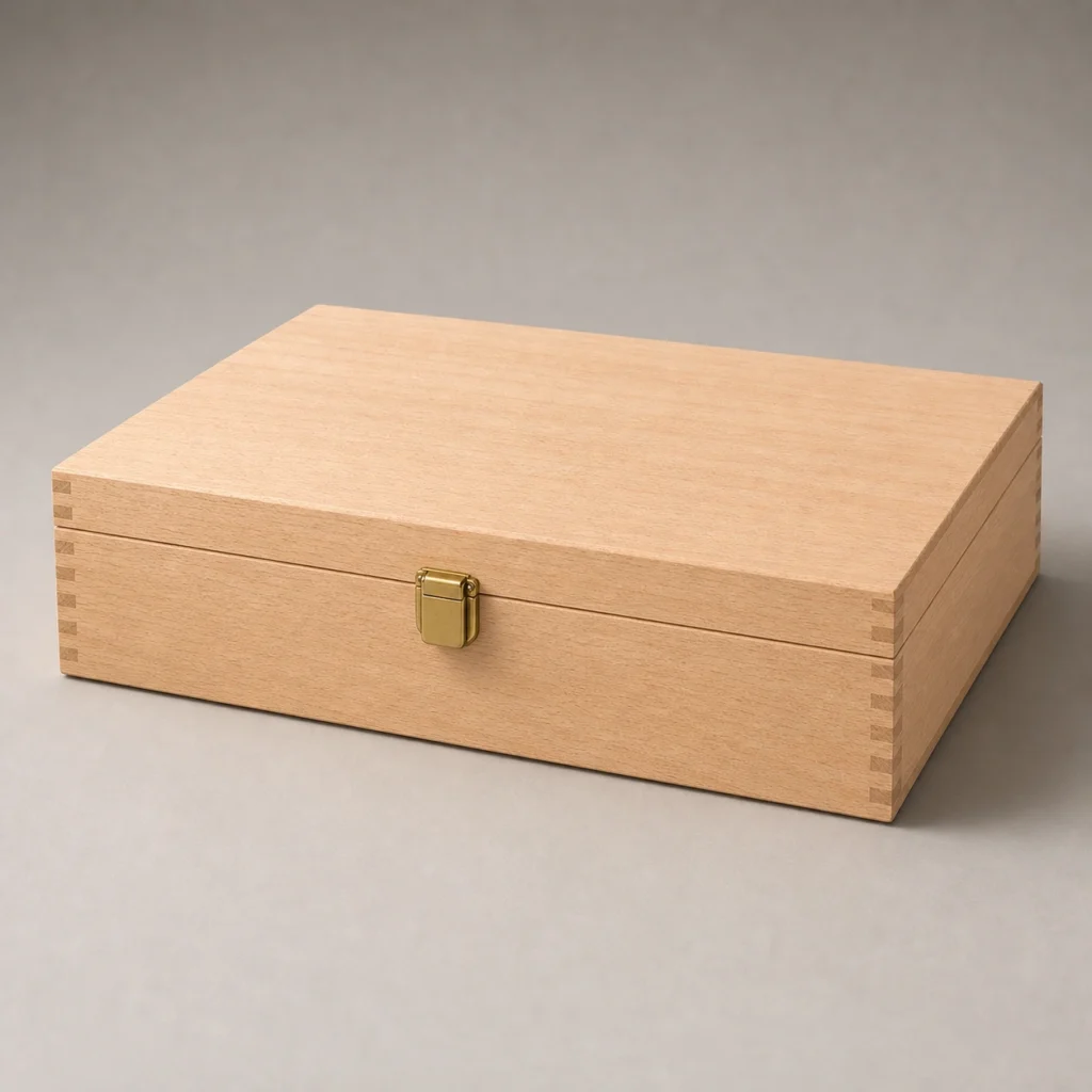 beech wood box organizer for conference badges closed front view