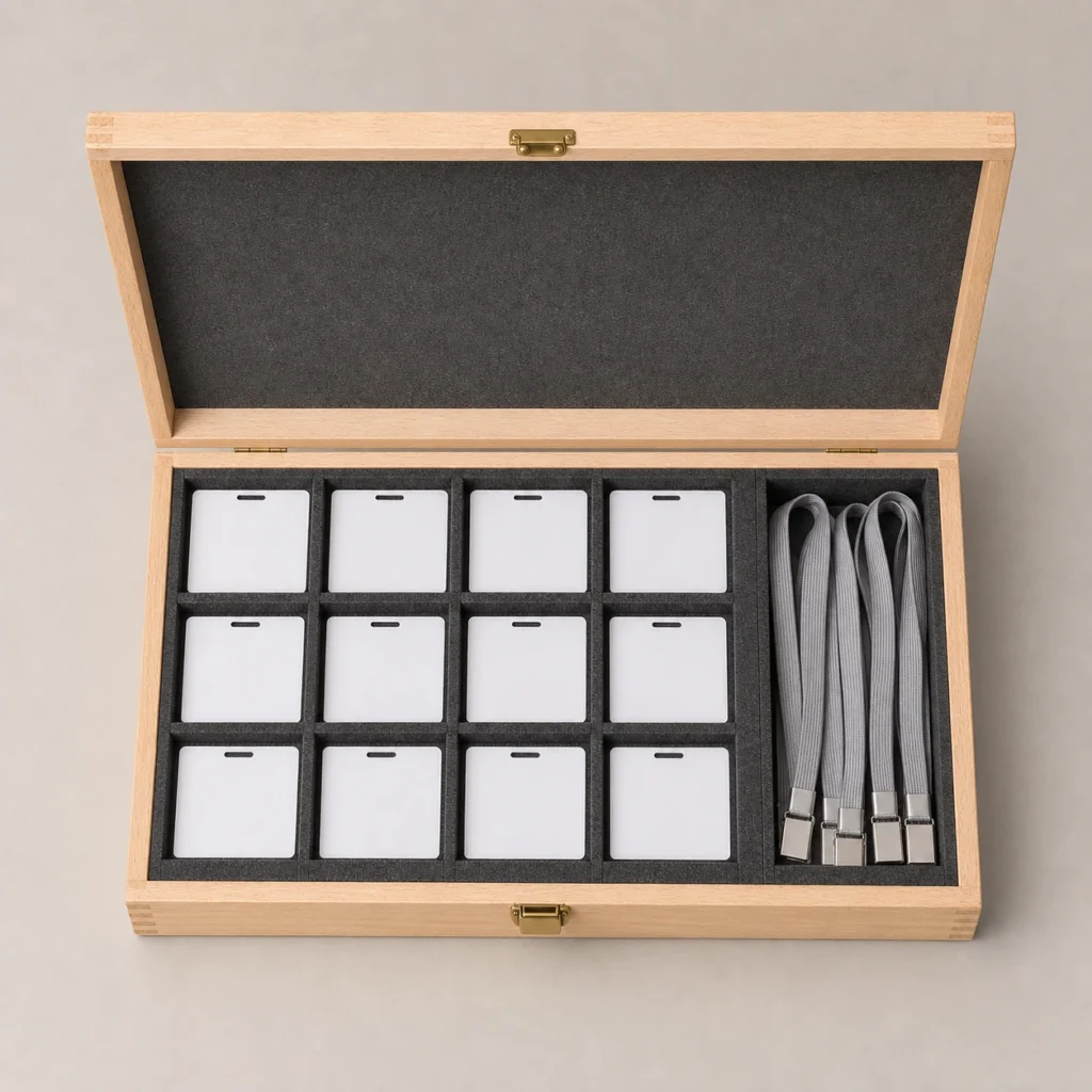 beech wood box organizer for conference badges top down interior view