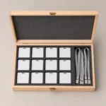 beech wood box organizer for conference badges top down interior view