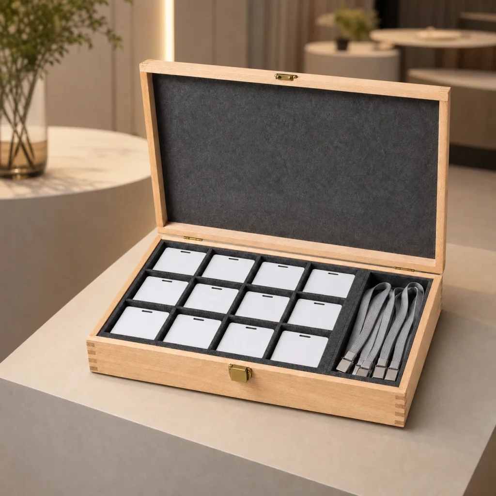 beech wood box organizer for conference badges showroom application scene