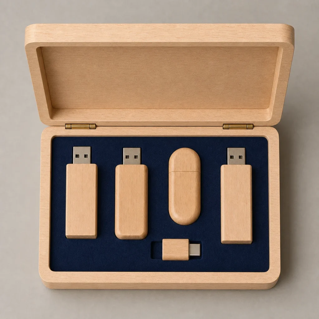 beech wooden box for USB drive gift sets top down interior view