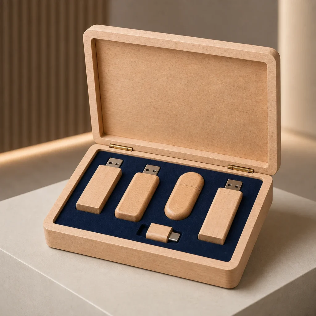 beech wooden box for USB drive gift sets showroom application scene