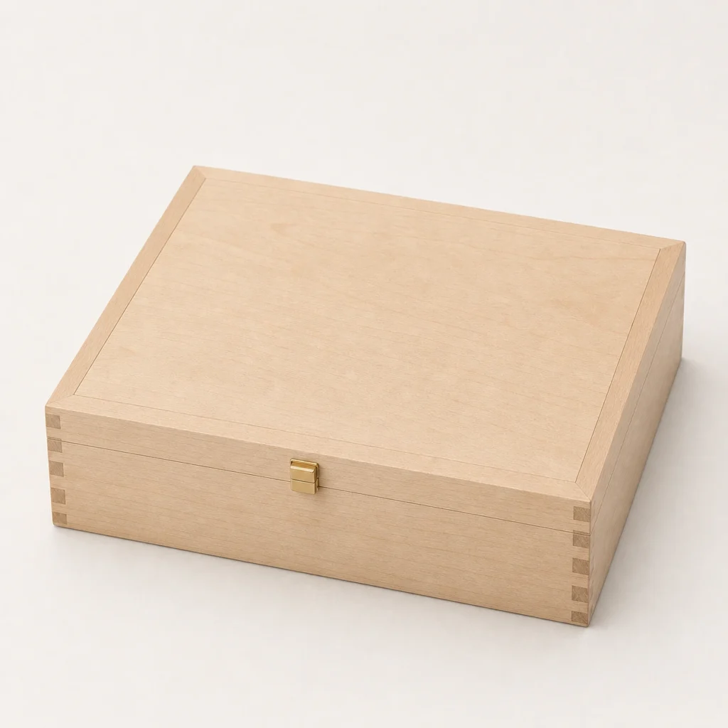 compartmented cookie wooden box with birch finish closed front view