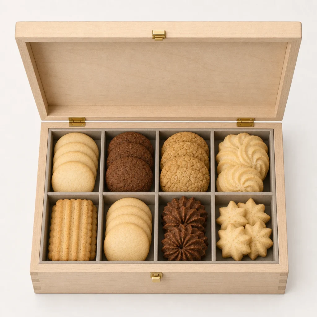 compartmented cookie wooden box with birch finish top down interior view