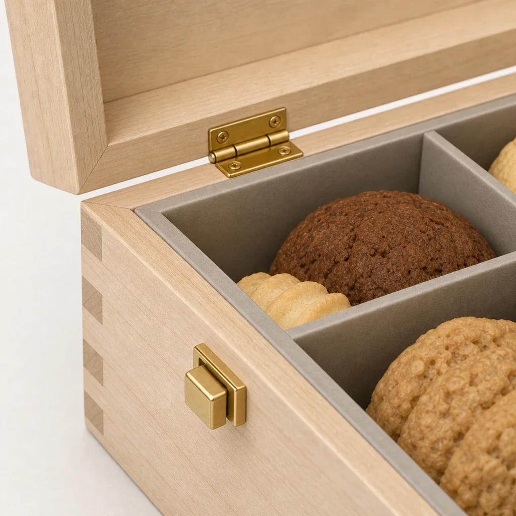 compartmented cookie wooden box with birch finish craft and finish detail