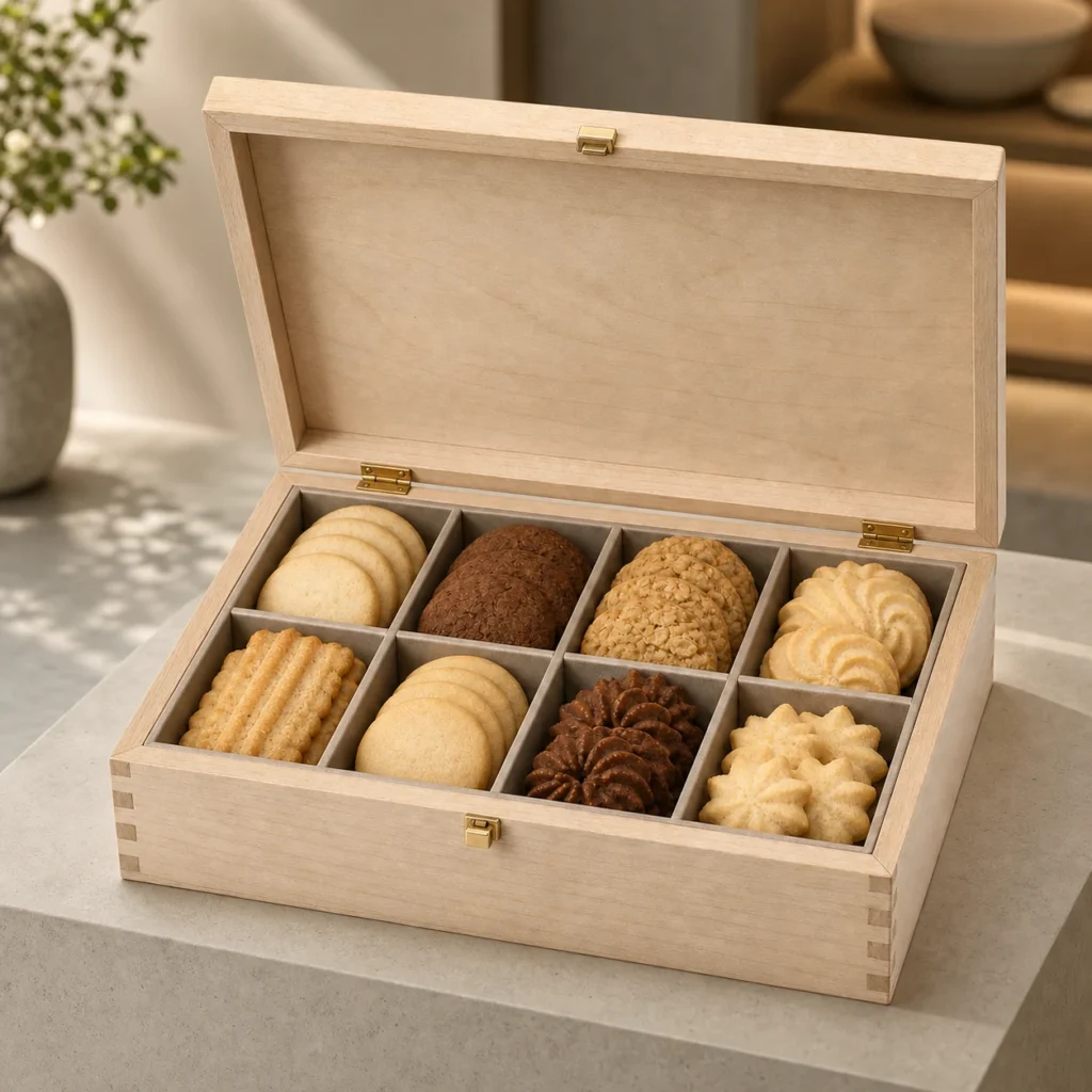 compartmented cookie wooden box with birch finish showroom application scene