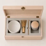 matcha bowl and whisk wooden box in birch top down interior view
