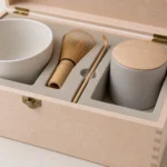 matcha bowl and whisk wooden box in birch craft and finish detail