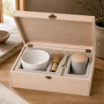 matcha bowl and whisk wooden box in birch showroom application scene