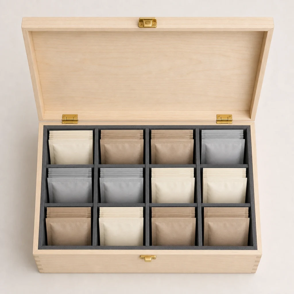 daily supplement sachet wood box organizer in birch top down interior view