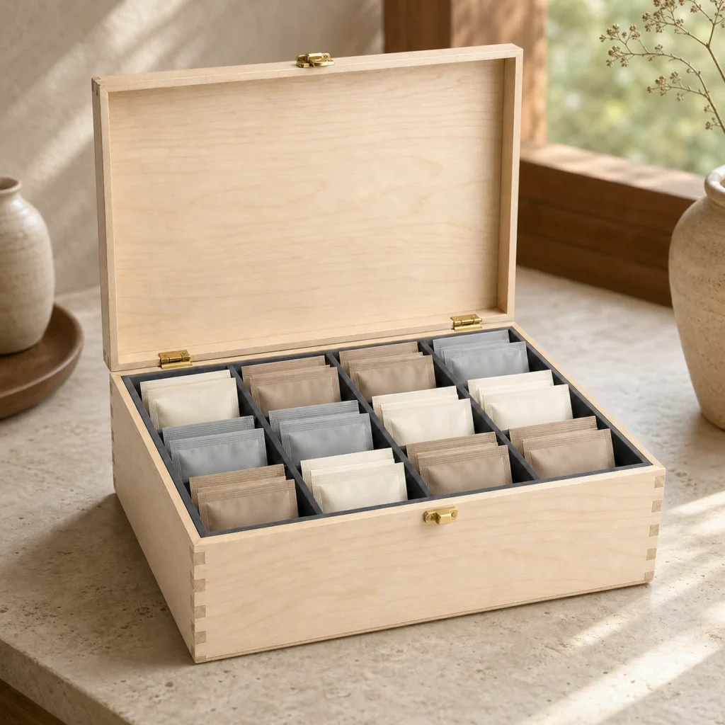 daily supplement sachet wood box organizer in birch showroom application scene