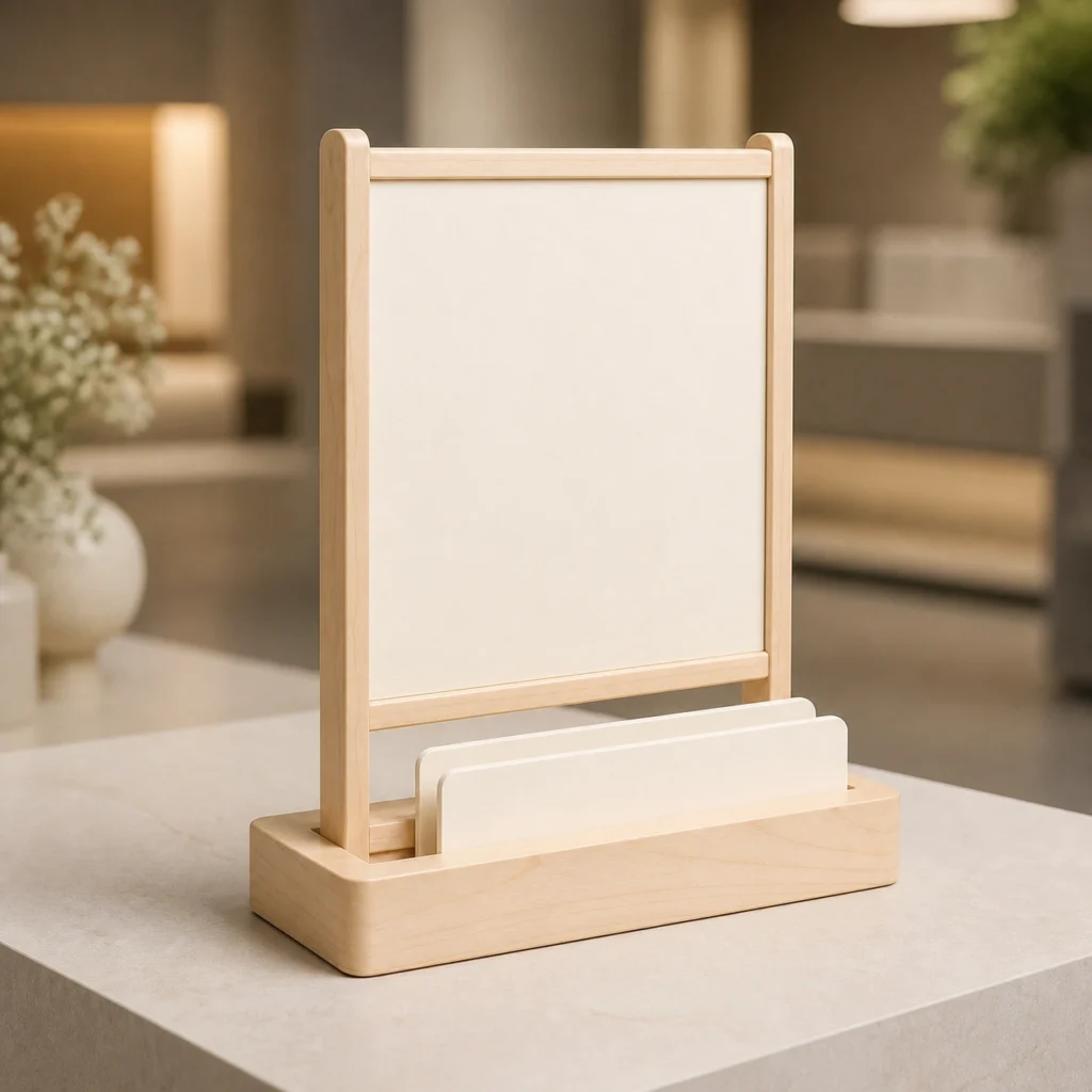 birch wood box stand for tabletop event signs showroom application scene