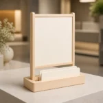 birch wood box stand for tabletop event signs showroom application scene