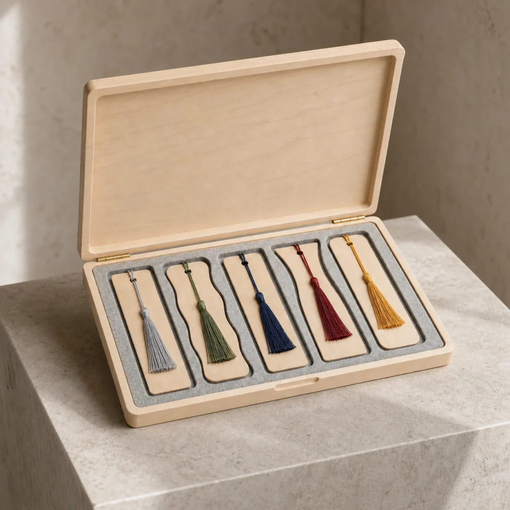 birch wooden box for bookmark gift sets showroom application scene