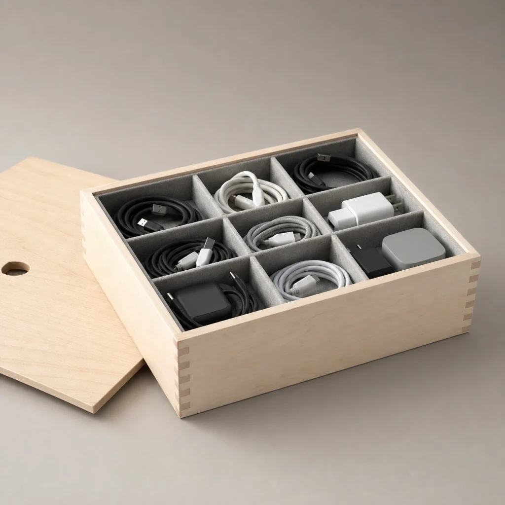 Birch Wooden Box for Charging Cable Organization