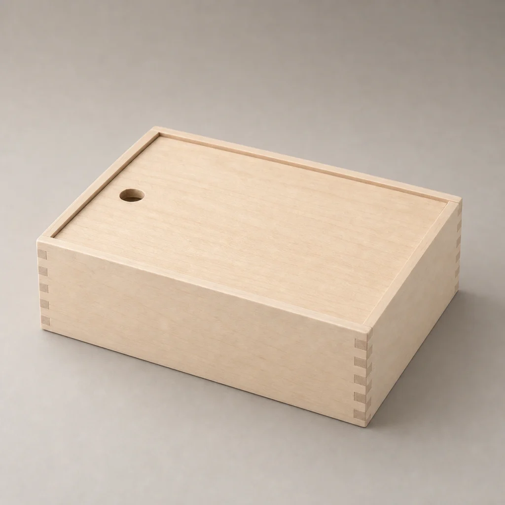 birch wooden box for charging cable organization closed front view