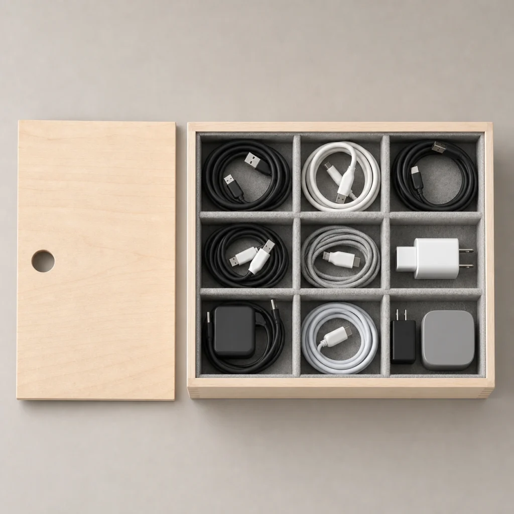 birch wooden box for charging cable organization top down interior view
