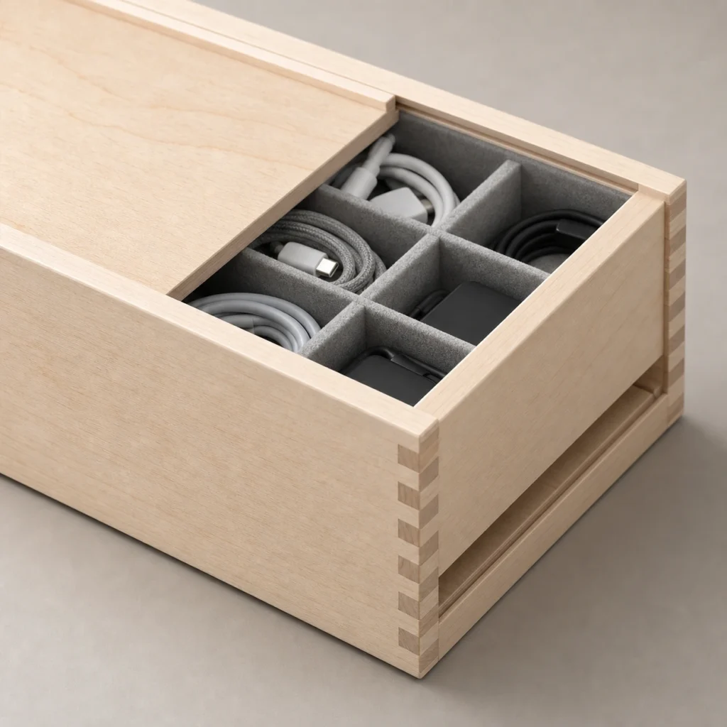 birch wooden box for charging cable organization craft and finish detail