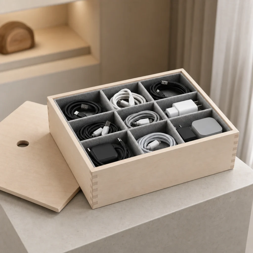 birch wooden box for charging cable organization showroom application scene