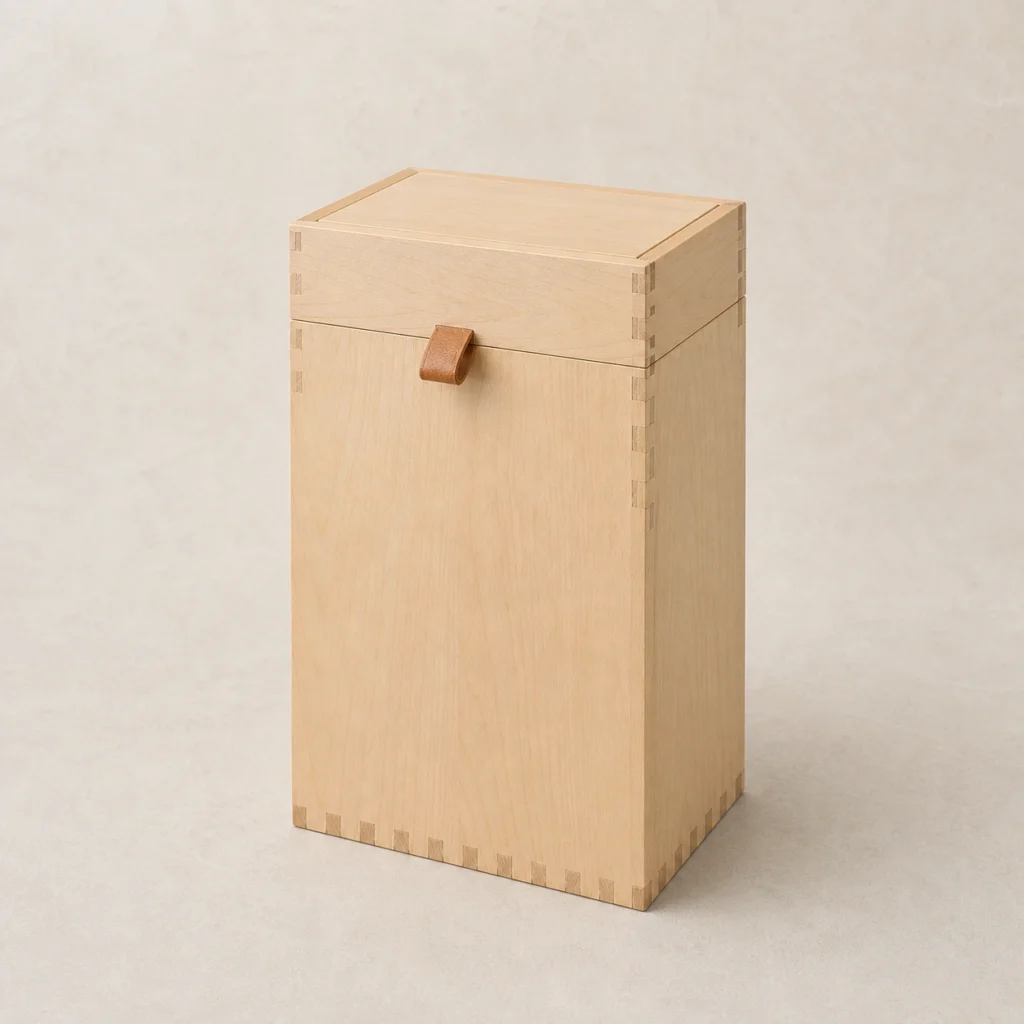 birch wooden box for makeup brush storage closed front view