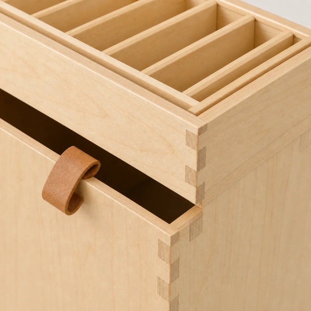 birch wooden box for makeup brush storage craft and finish detail