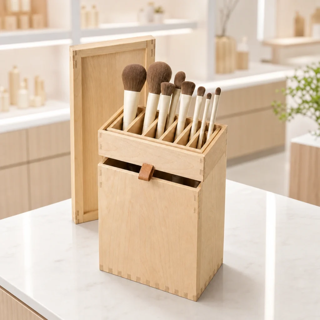 birch wooden box for makeup brush storage showroom application scene