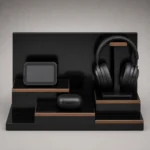 black lacquer wood box display stand for electronics closed front view