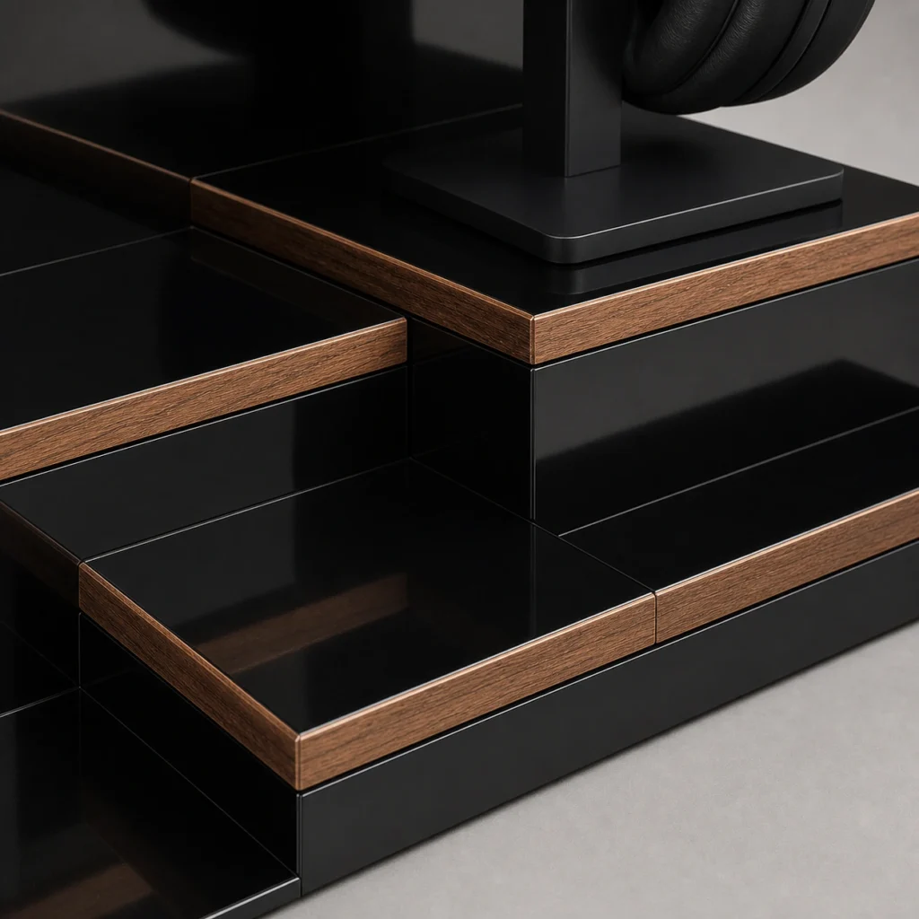 black lacquer wood box display stand for electronics craft and finish detail