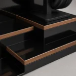 black lacquer wood box display stand for electronics craft and finish detail