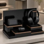 black lacquer wood box display stand for electronics showroom application scene
