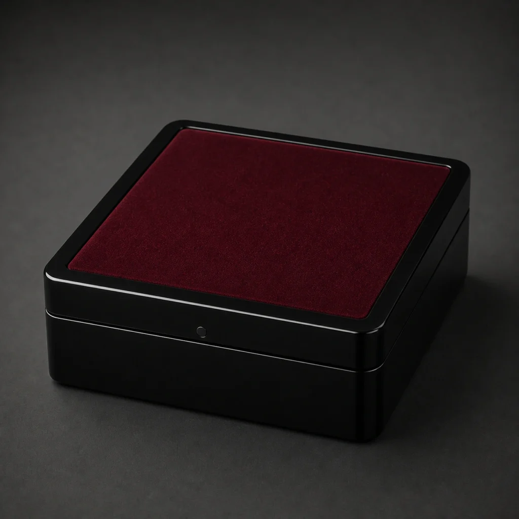 luxury truffle wood case in polished black lacquer closed front view