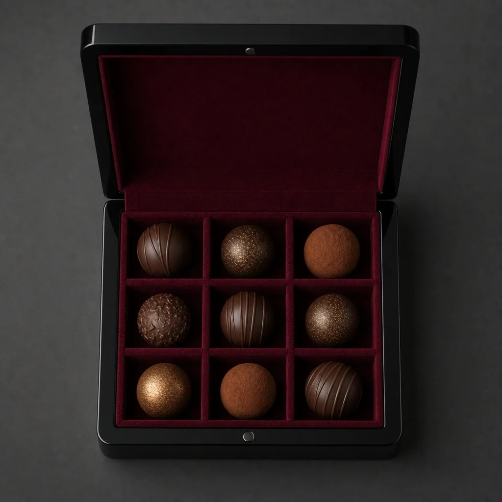 luxury truffle wood case in polished black lacquer top down interior view