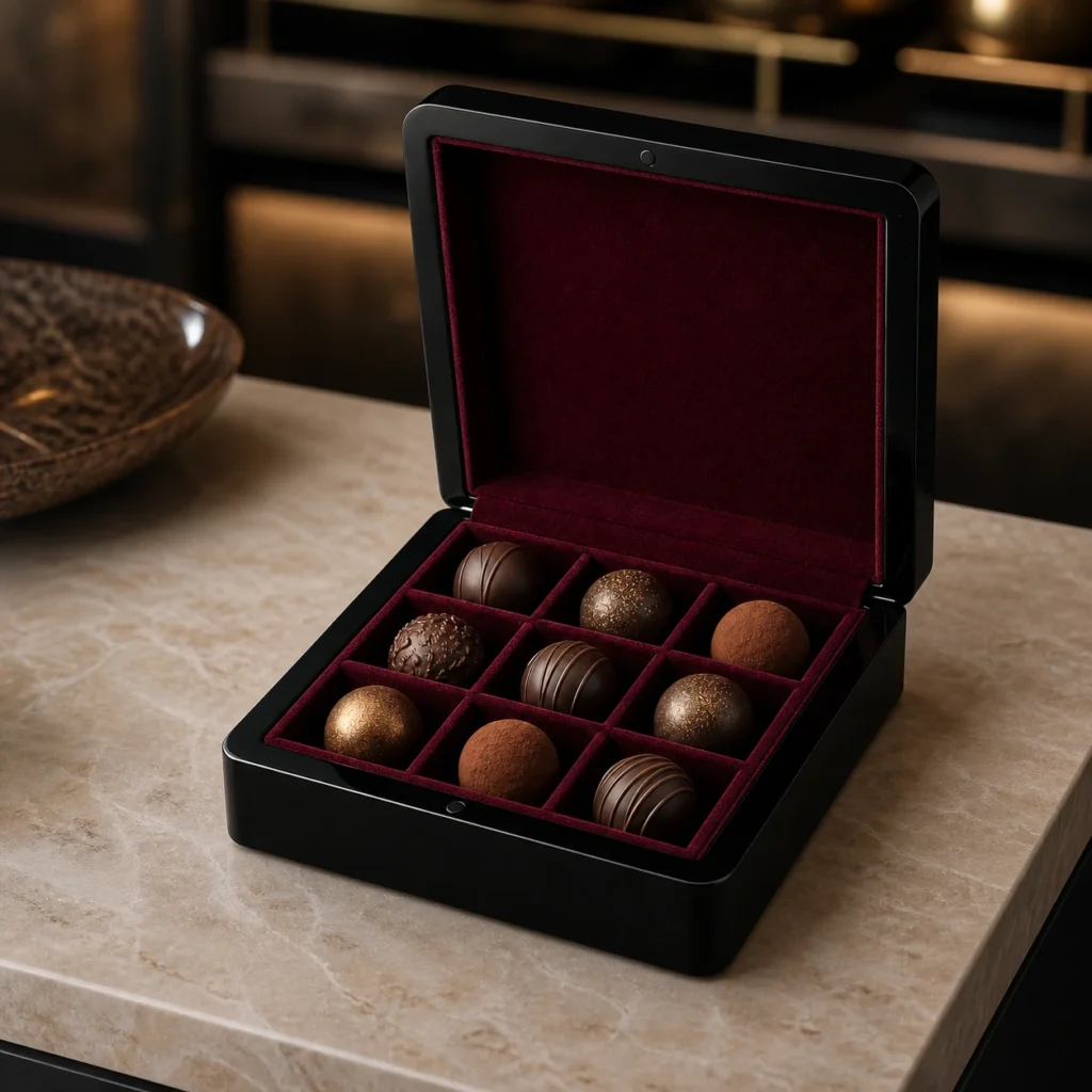 luxury truffle wood case in polished black lacquer showroom application scene