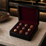 luxury truffle wood case in polished black lacquer showroom application scene